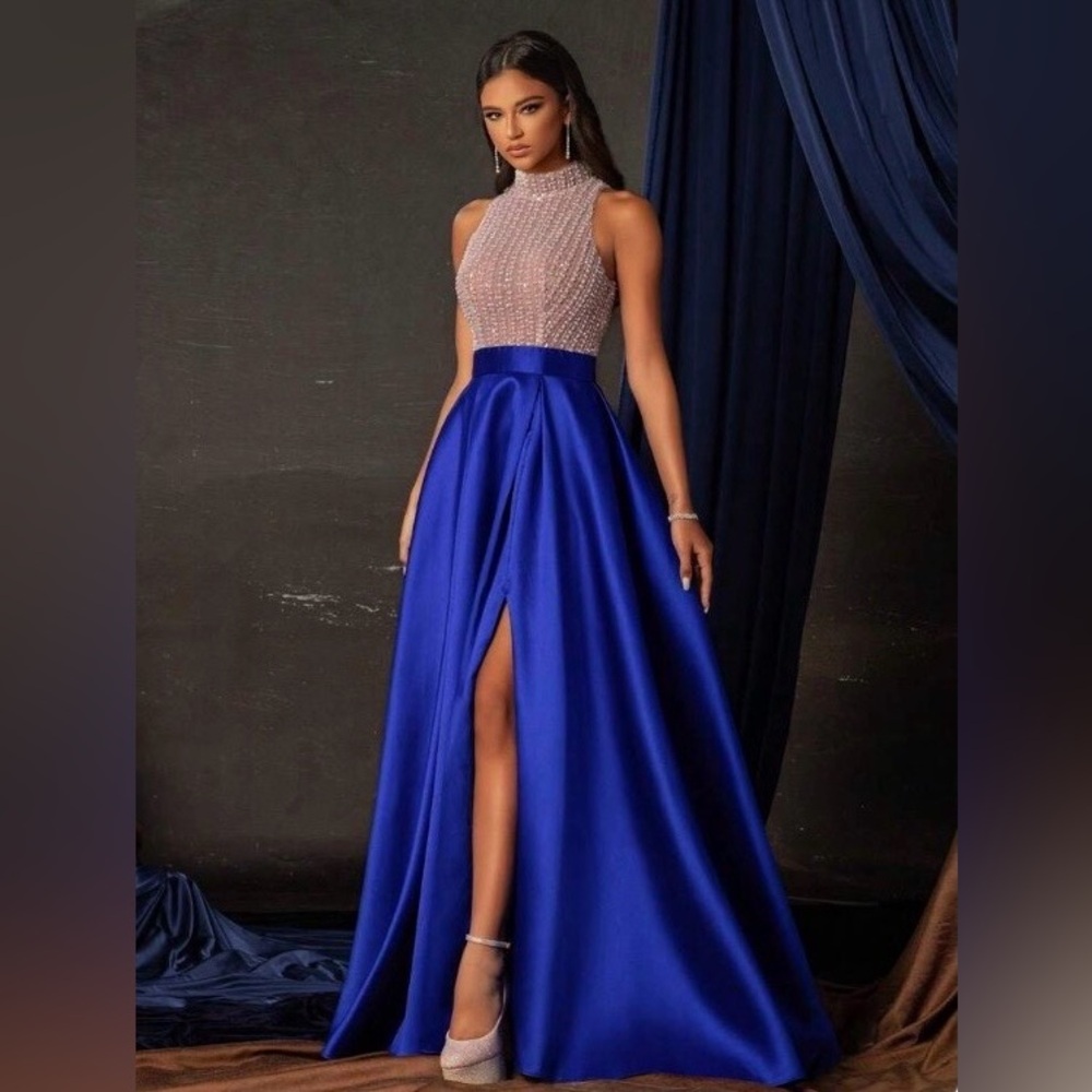 Royal Blue Satin Prom Ball Gown Dress